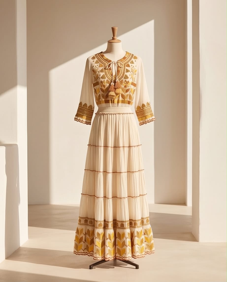 GYPSY ROMANTIC LONG DRESS ECRU